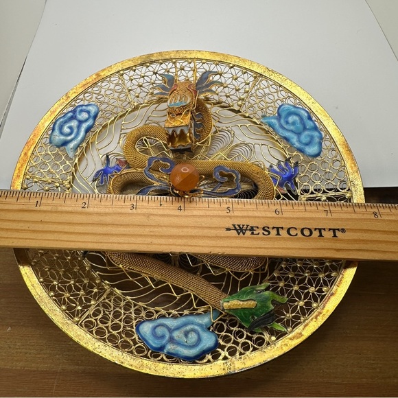 Golden Blue Dragon Wall Piece Chinese cloisonne copper filligre intricate design - Picture 12 of 15